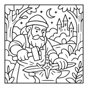 Fantasy omalovánka kováře hvězdného meče v kouzelné říši – omalovánka zdarma k vytištění