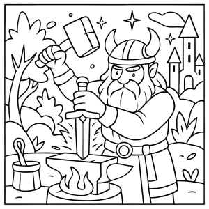 Omalovánka kovář hvězdných mečů v kouzelném světě – fantasy coloring page k vytištění zdarma