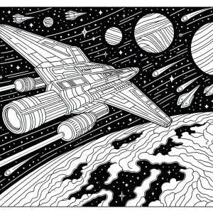 Omalovánka futuristickej hviezdnej lode nad Zemou – coloring page na vytlačenie zdarma