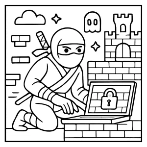 Ninja-Coder Malvorlage: kostenlose coloring page mit Retro-Arcade-Hacker in digitaler Festung zum Ausmalen