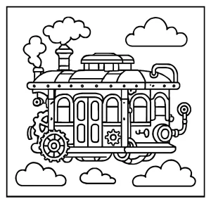Omalovánka steampunkového vznášedlového tramvaje k vytištění zdarma