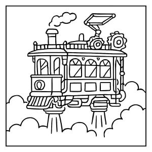 Steampunkový vznášející se tramvaj – omalovánka zdarma k vytisknutí, coloring page pro děti i dospělé