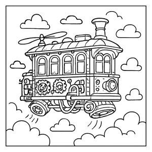 Steampunková vznášející se tramvaj omalovánka – originální coloring page pro děti ke stažení a vybarvení zdarma
