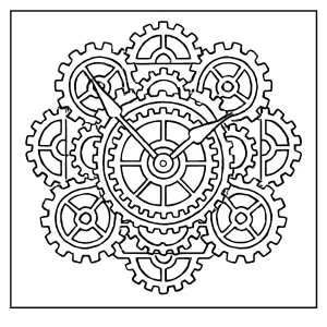 Steampunk mandala omalovánka s ozubenými koly a hodinovými ručičkami k vybarvení
