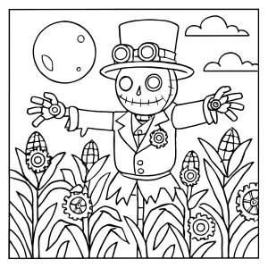 page de coloriage épouvantail steampunk gardant un champ de maïs mécanique sous la pleine lune