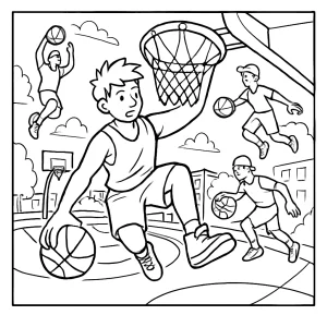 Streetbasketbalová omalovánka s trikovými střelami ve fisheye perspektivě – coloring page zdarma