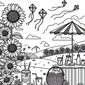 Kids having a picnic in a sunflower field with a lemonade stand and kites flying in the sky