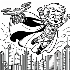 Superhero Kid and Drone Above Skyscrapers. Color a omalovánka