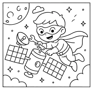 omalovánka dětský superhrdina opravuje satelit ve vesmíru – coloring page pro děti k vytištění zdarma