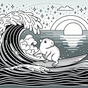 Surfende Capybara Malvorlage: Kostenlose coloring page mit Capybara auf biolumineszenter Welle im Sonnenuntergang zum Ausmalen.
