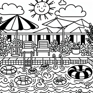 Bazén s nafukovačkami omalovánka – letní coloring page k vybarvení zdarma pro děti