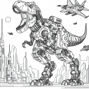 T-Rex Mech Robot ve futuristickém městě - omalovánka zdarma pro děti k vytištění