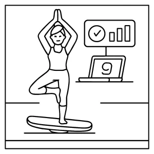 Tech-aided yoga balance board competition coloring page omalovánka – omalovánka s jogíny na balančních deskách a digitálními výsledky
