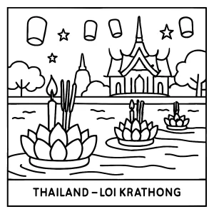 Omalovánka Loi Krathong – svátek světel v Thajsku, plovoucí lucerny na řece k vybarvení