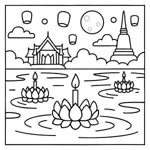 Loi Krathong omalovánka – coloring page s thajským festivalem a plovoucími světýlky na řece