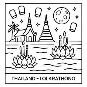 Loi Krathong thajská omalovánka, coloring page s plovoucími lampióny na řece