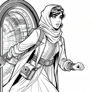 page de coloriage explorateur du temps avec montre gadget, portail magique, aventure à imprimer gratuitement