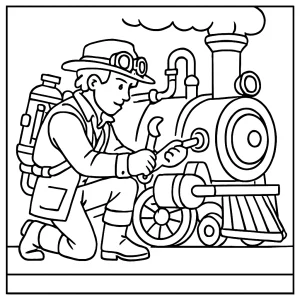Omalovánka: cestovatel v čase opravuje parní stroj – coloring page pro tisk a vybarvení