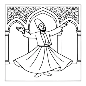 Omalovánka tureckého wirlujícího derviše tančícího pod ornamentálními oblouky – coloring page zdarma