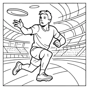 Ultimate Frisbee atlet ve futuristickém stadionu omalovánka k vytištění zdarma