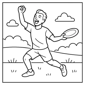 Omalovánka sportovce slavícího vítězství v Ultimate Frisbee ke stažení zdarma