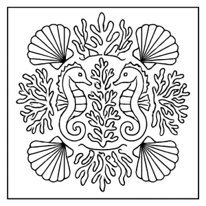 page de coloriage mandala récif corallien avec hippocampes et coquillages à imprimer