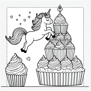 Malvorlage: Ein Einhorn springt von einem Cupcake-Turm, umgeben von Sternen und Streuseln – coloring page zum Ausdrucken