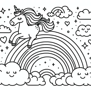 page de coloriage licorne sautant sur des nuages arc-en-ciel pour enfants à imprimer gratuitement