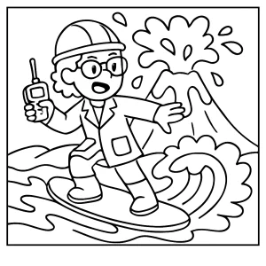Vědec surfující na lávě – omalovánka pro děti, coloring page k vytisknutí zdarma