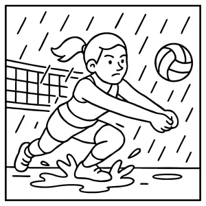 Sportovní omalovánka volejbalisty v dešti – coloring page k vytištění zdarma