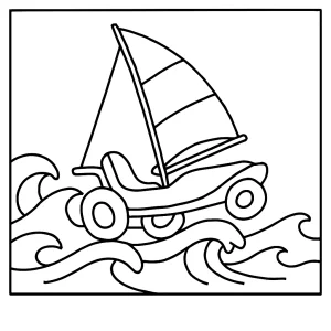 Wave-Skipping Sail Car omalovánka – coloring page s plachetním autem na vlnách