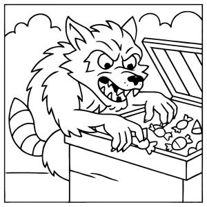 página para colorear de un mapache hombre-lobo buscando dulces en un basurero con estilo cómic