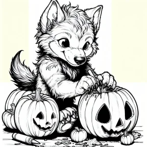 Omalovánka zdarma – vlkodlačí mládě vyřezává dýně na Halloween, tisknutelný obrázek pro děti