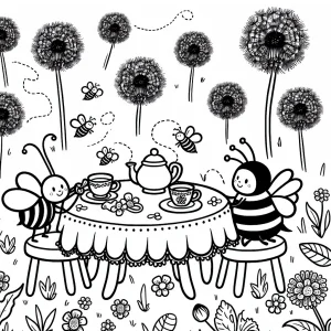Bienen-Teeparty Malvorlage – coloring page mit Bienen an einem Löwenzahntisch im Garten