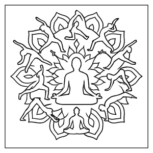 Mandala jóga siluety omalovánka – stránka k vybarvení s jógovými pozicemi