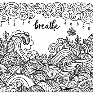 Zen Doodle Wellen Malvorlage – kostenlose coloring page mit 'Atme'-Affirmation zum Ausmalen