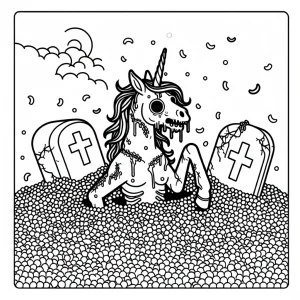 page de coloriage de licorne zombie surgissant d'une tombe de confettis, à imprimer gratuitement